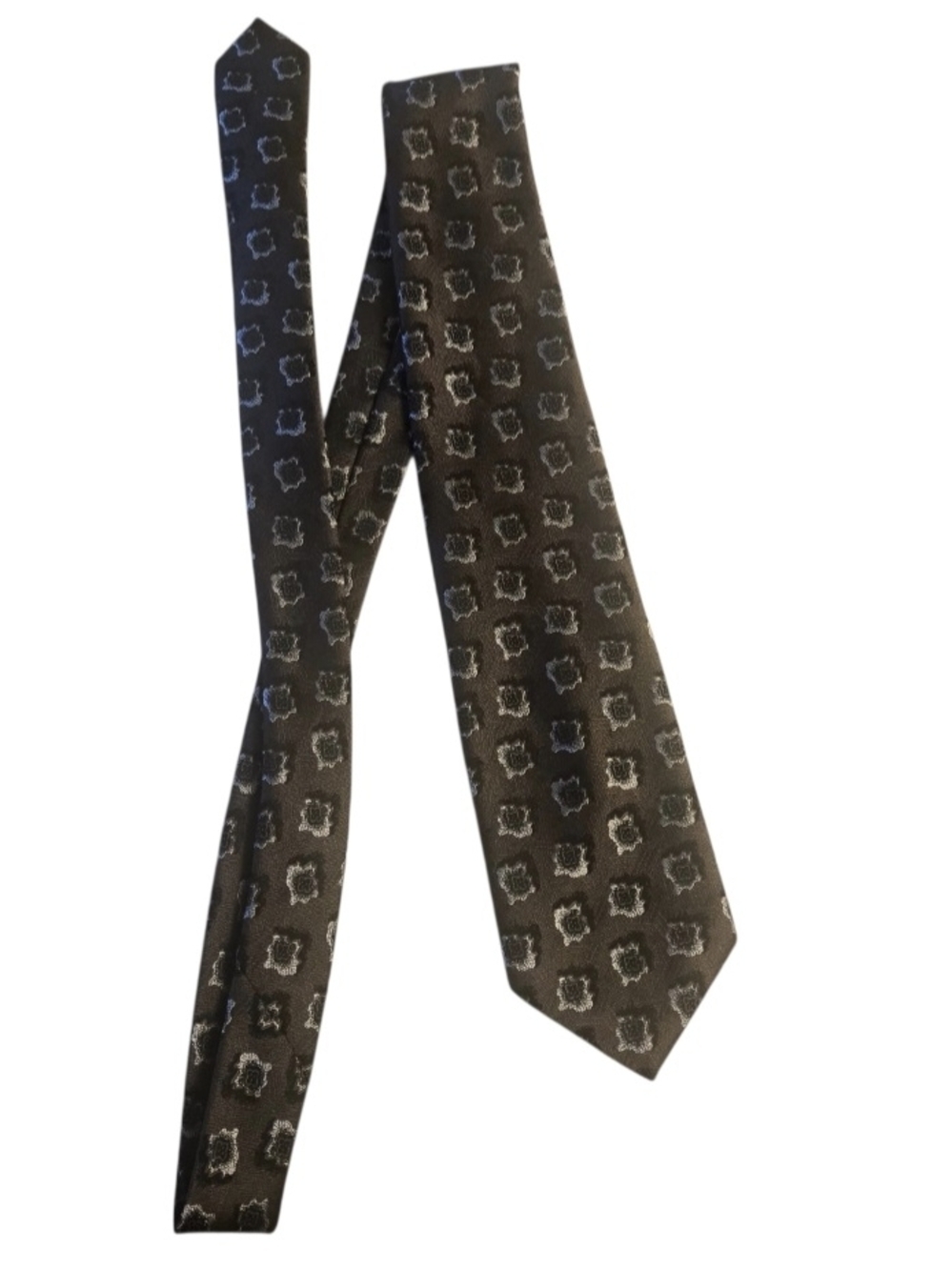 Vintage Givenchy Monsier Black Silk Tie with Silver Medallion Pattern